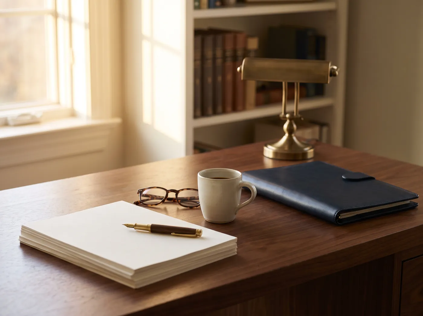A CPA's desk in morning light with documents, reading glasses, and a leather portfolio